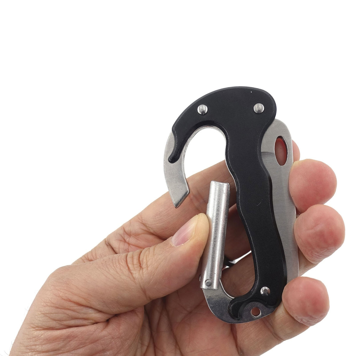 Mousqueton couteau OPEX deux lames acier inoxydable manche aluminium 8,5 cm