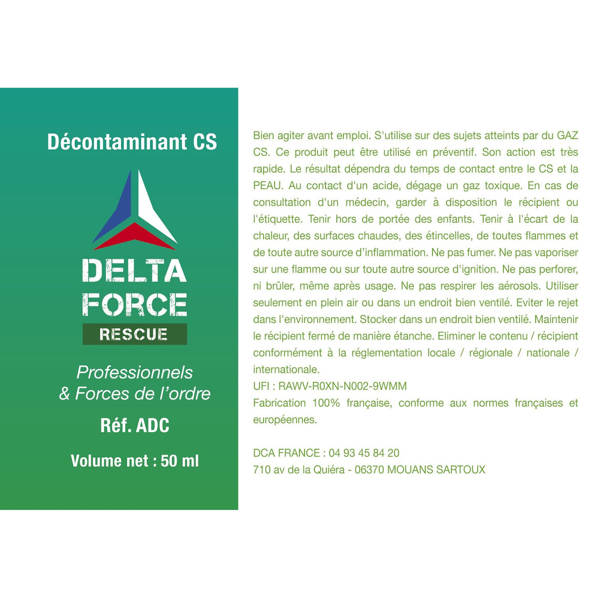 Spray décontaminant Delta Force CS de première urgence fabrication française