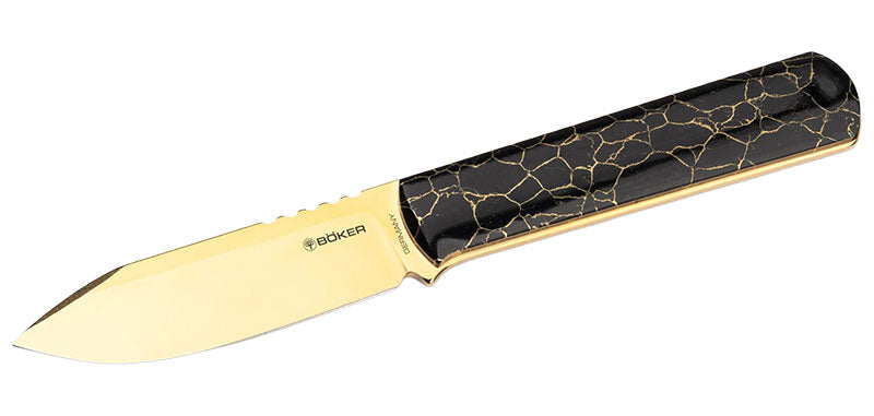 Couteau à lame fixe Boker Packlite Trustone Gold Schwarz - Edition Limit e acier MagnaCut lame 65 mm