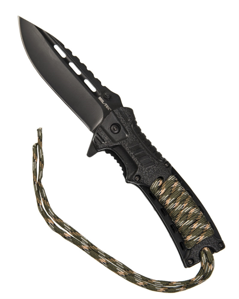 Couteau pliant Mil-Tec One-Hand Paracord lame 10 cm 3Cr13 avec firesteel et sifflet