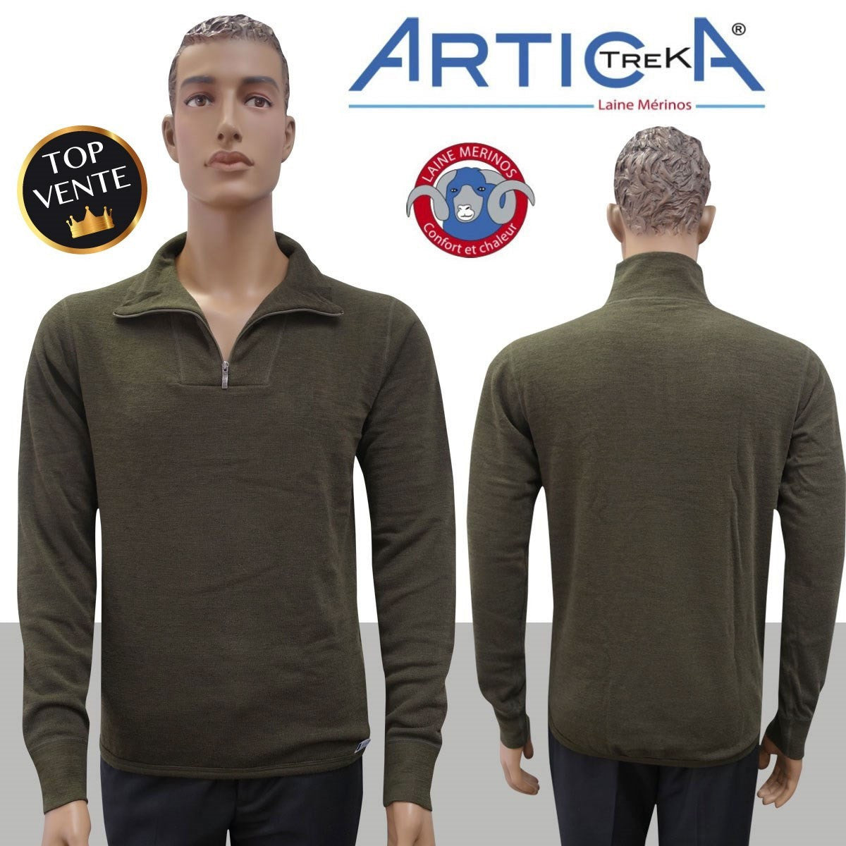 Pull Artica Trek en laine mérinos 200 g/m² col montant à glissière et dos allongé