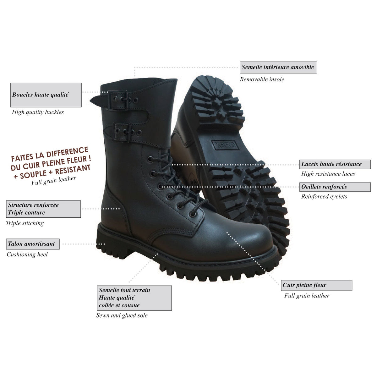 Chaussures de combat OPEX cuir pleine fleur semelle montée Goodyear cousue et collée