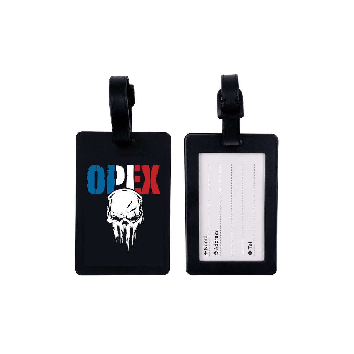 Étiquette de bagage en rubber 10 x 6,5 cm avec fiche d'identification au dos