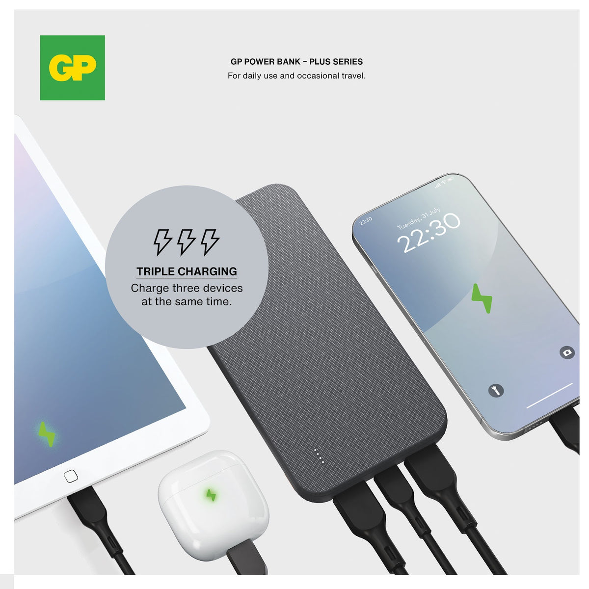Batterie externe GPBM GP Plus Series 10 000 mAh trois ports USB-C et USB-A