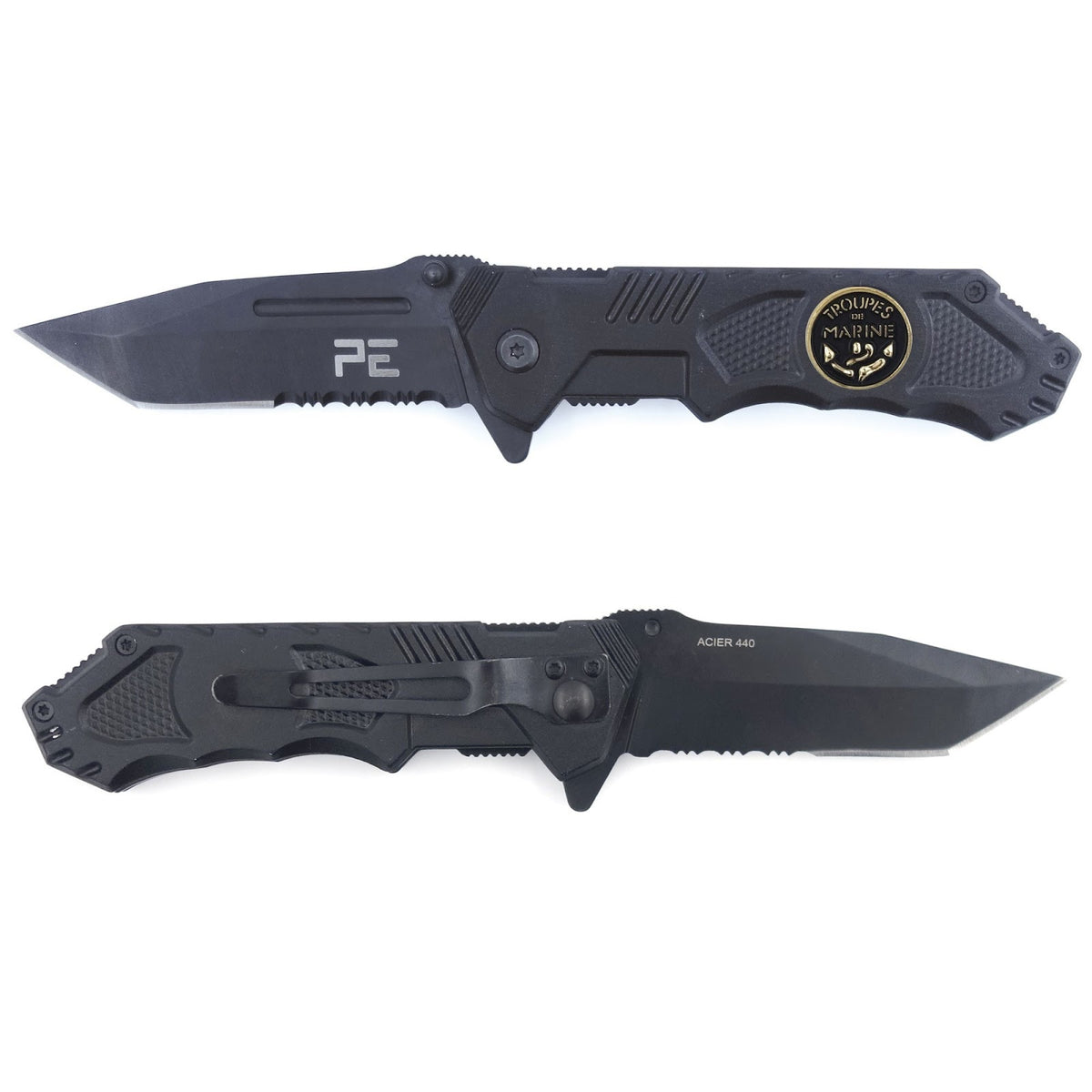 Couteau pliant OPEX Survival Troupes de Marine lame acier 440 de 8,5 cm avec étui