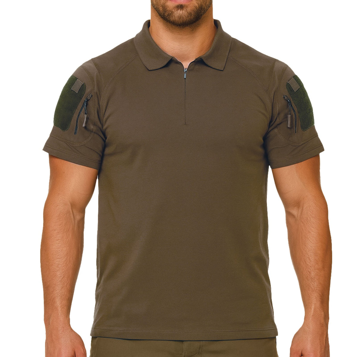 Polo tactique col à glissière coton polyester élasthanne deux poches de manche