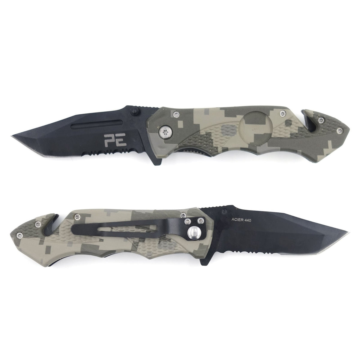 Couteau pliant Survival lame acier 440 de 8,5 cm, cran de sûreté et étui