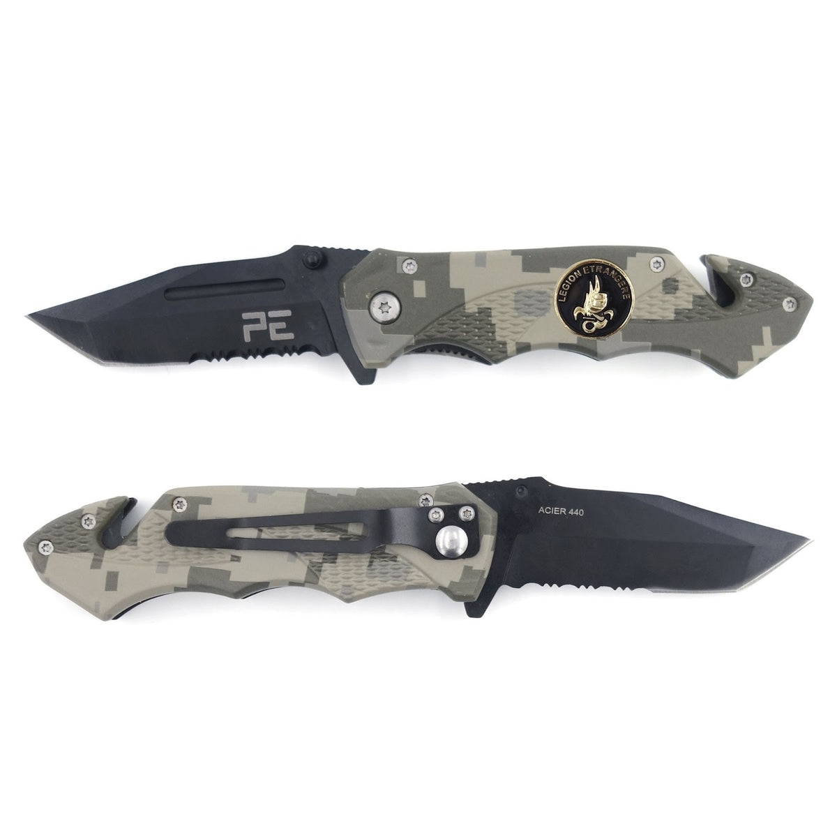Couteau pliant OPEX Survival Légion acier inoxydable 440, lame 8,5 cm et étui nylon
