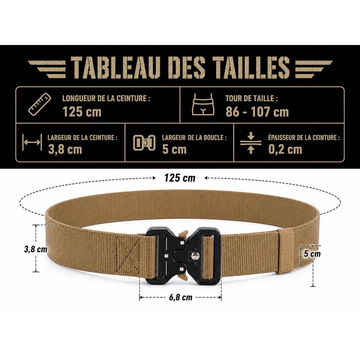 Ceinturon tactique Yucon nylon 3,8 cm boucle acier à dégagement rapide