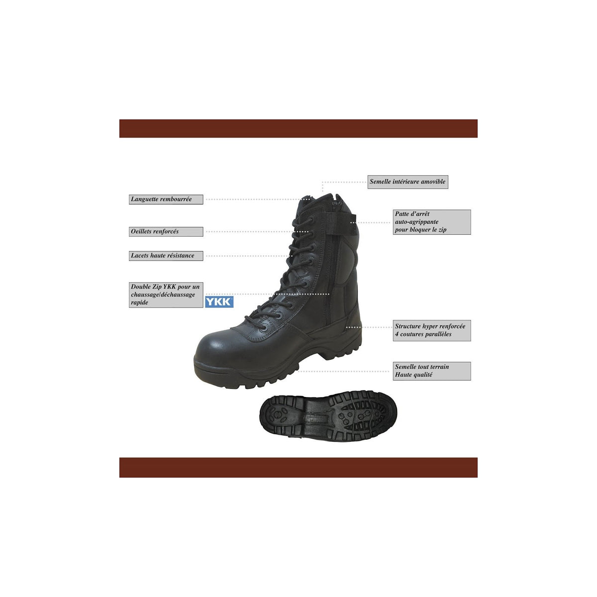 Chaussures de combat Patrol Equipement Rangers cuir à coque double glissière YKK