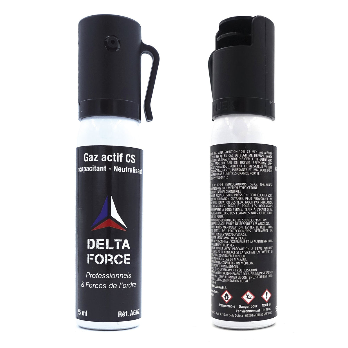 Aérosol de défense Delta Force gaz CS liquide 25 ml format de poche catégorie D