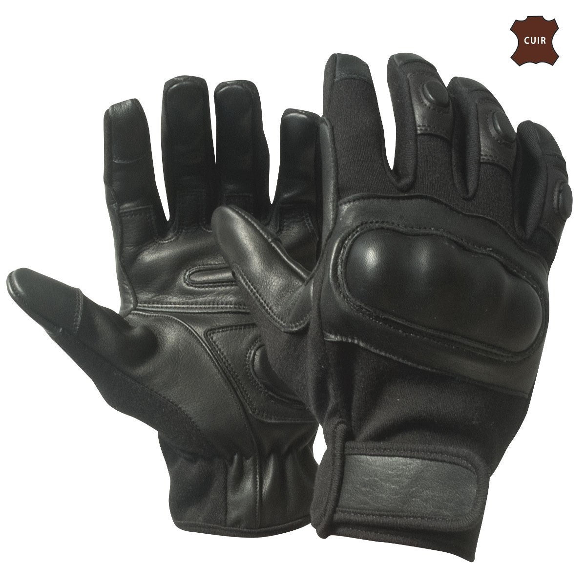 Gants tactiques à coques rigides paume cuir rembourrée et doigts tactiles