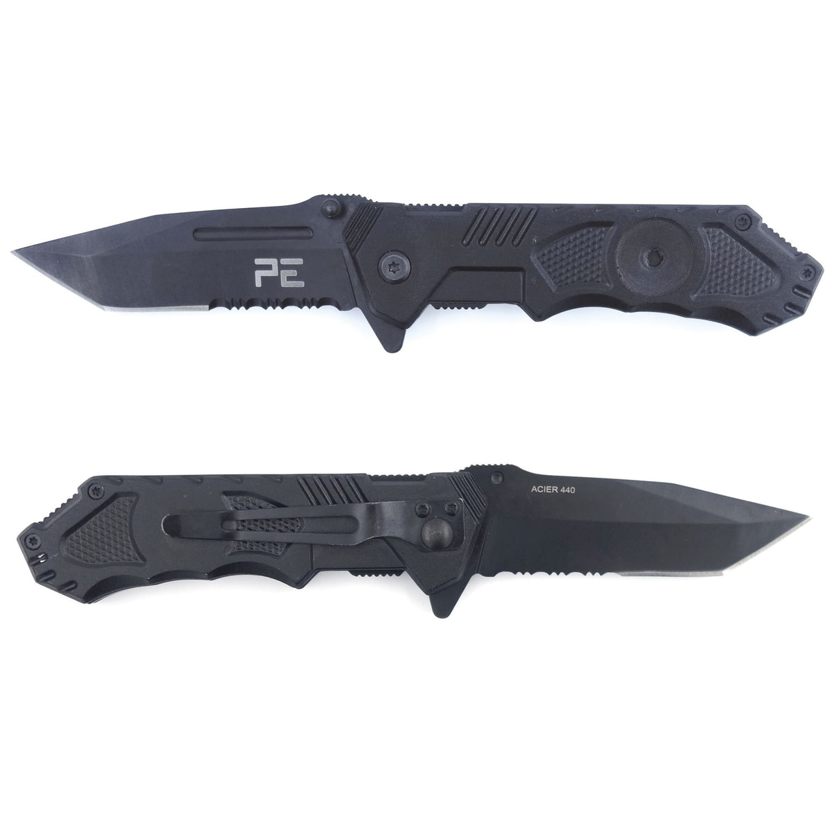 Couteau pliant Survival lame acier 440 de 8,5 cm, cran de sûreté et étui