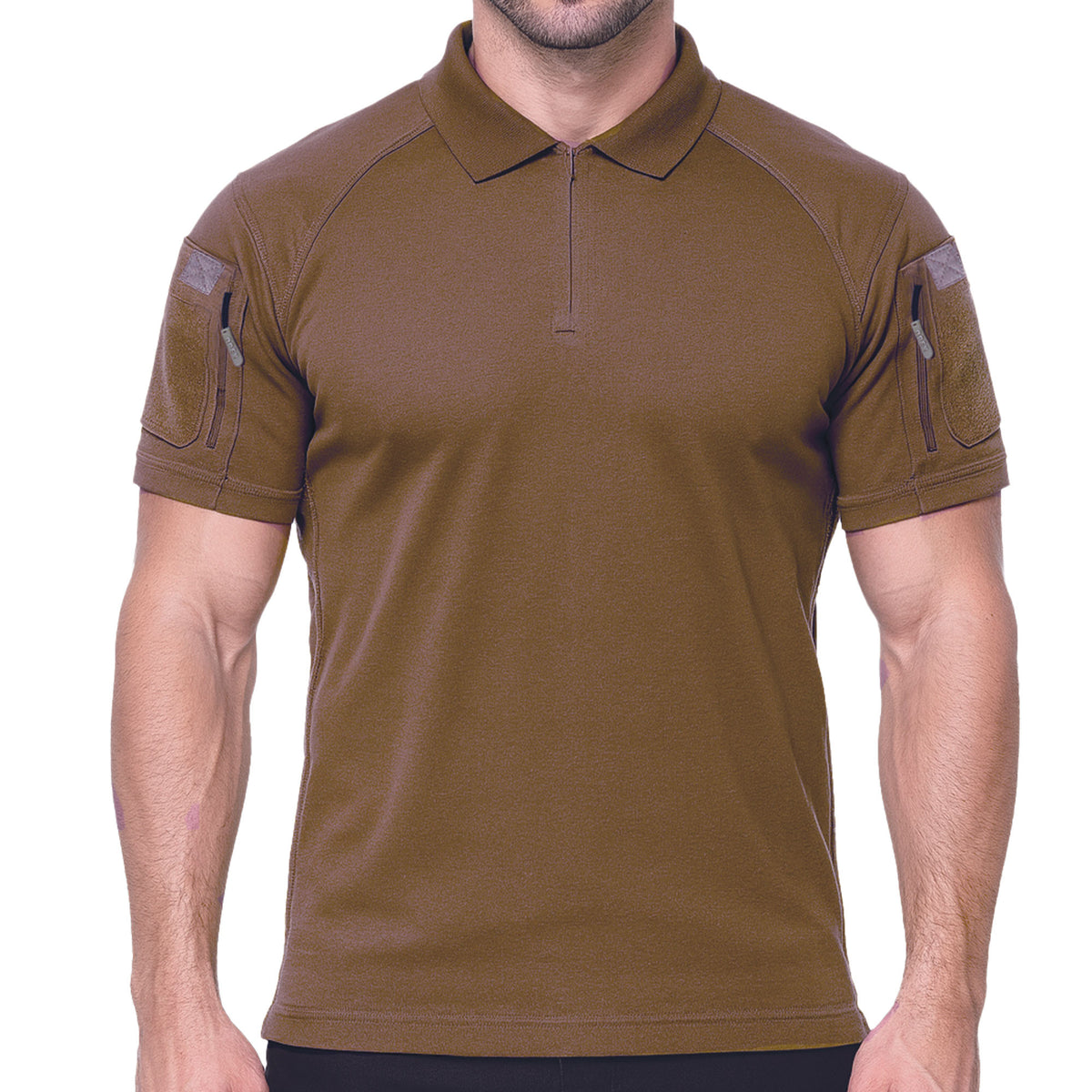 Polo tactique col à glissière coton polyester élasthanne deux poches de manche