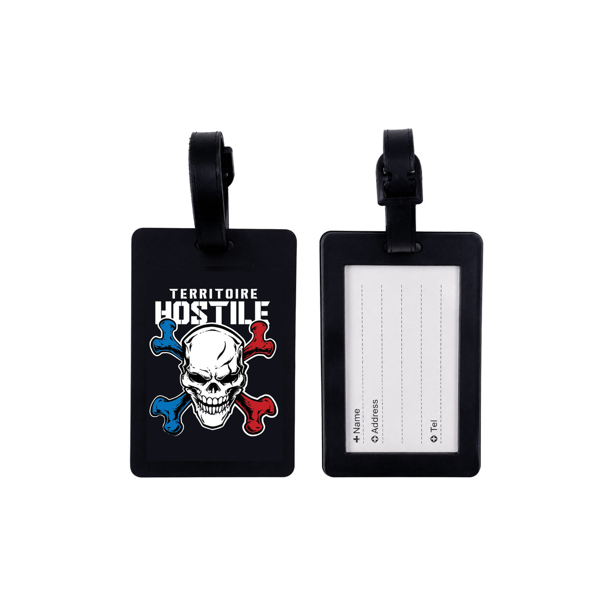 Étiquette de bagage en rubber 10 x 6,5 cm avec fiche d'identification au dos