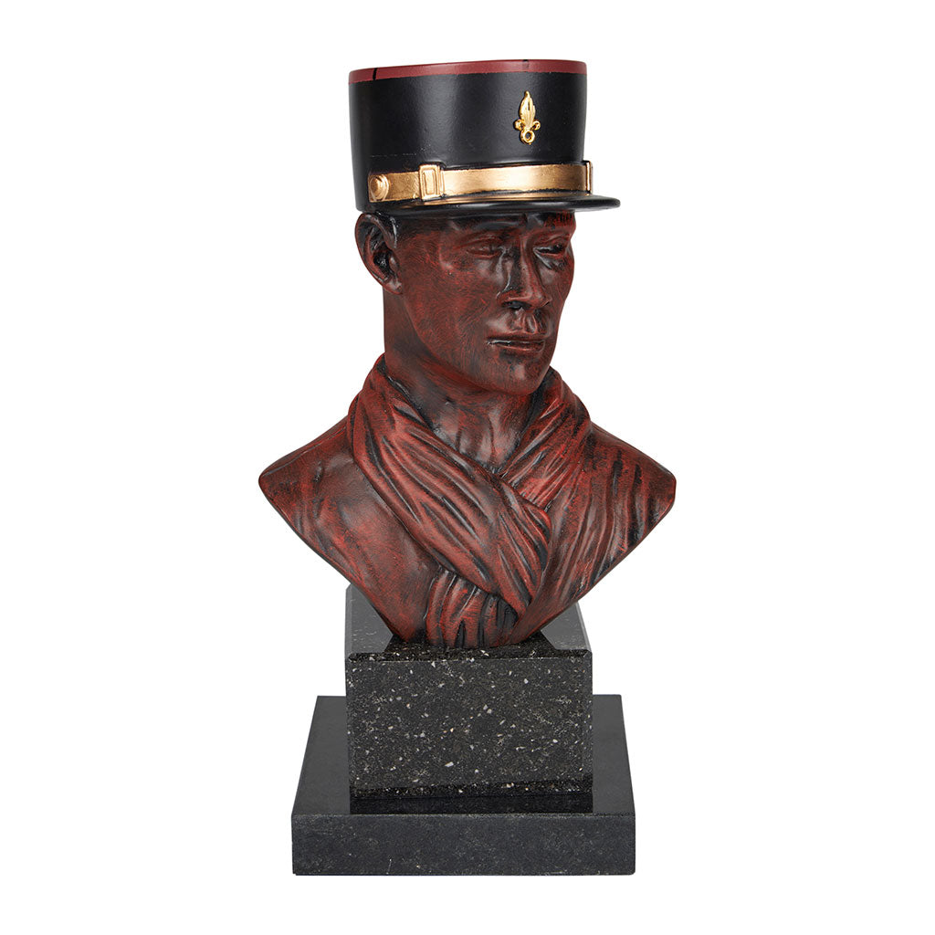 Buste de légionnaire Ares képi noir résine imitation bois socle en marbre
