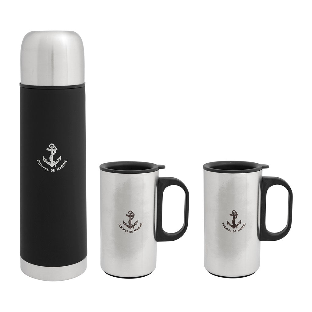 Coffret Ares bouteille isotherme 50 cl et deux tasses aux armes des troupes de marine