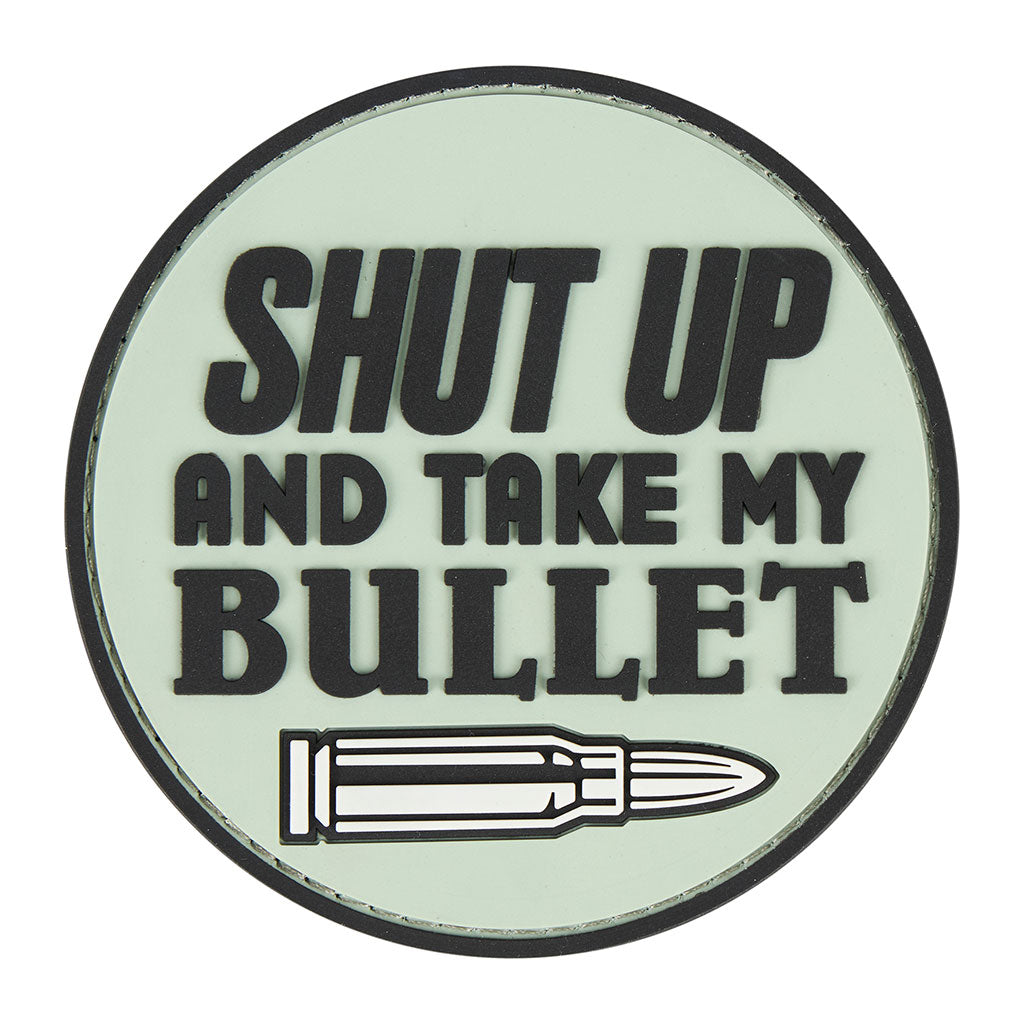 Écusson rond Ares Shut up and take my bullet en PVC souple 8 cm de diamètre