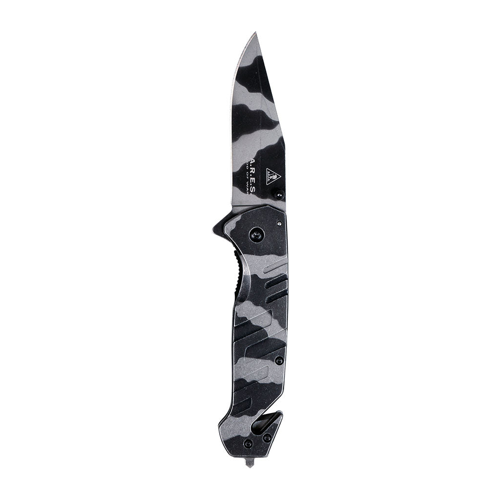 Couteau pliant Ares Camo Rescue manche métallique coupe-sangle et brise-vitre 21 cm