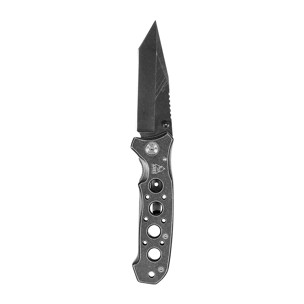 Couteau pliant Ares Gun Powder manche métal 20 cm déplié avec étui et clip de ceinture