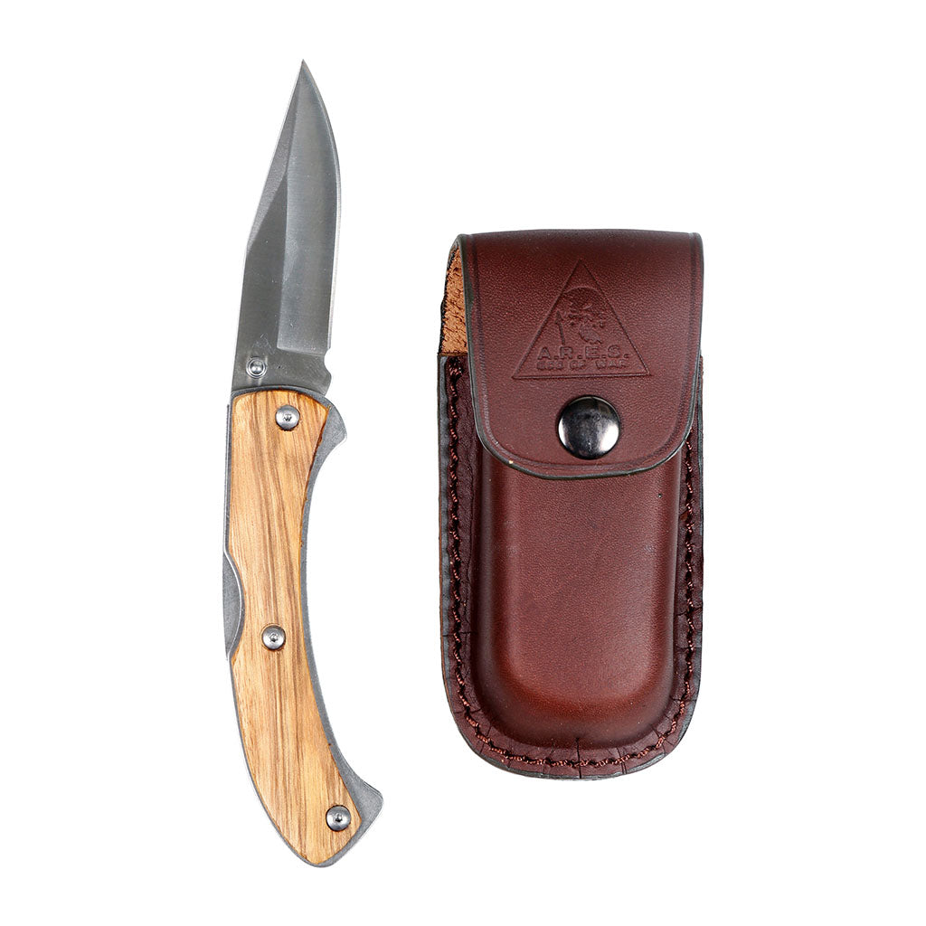 Couteau pliant Ares Wood Iron manche bois longueur dépliée 19,5 cm avec étui cuir