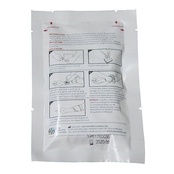 Pansement hémostatique WoundClot Trauma bande 8 x 100 cm pour comblement de plaie
