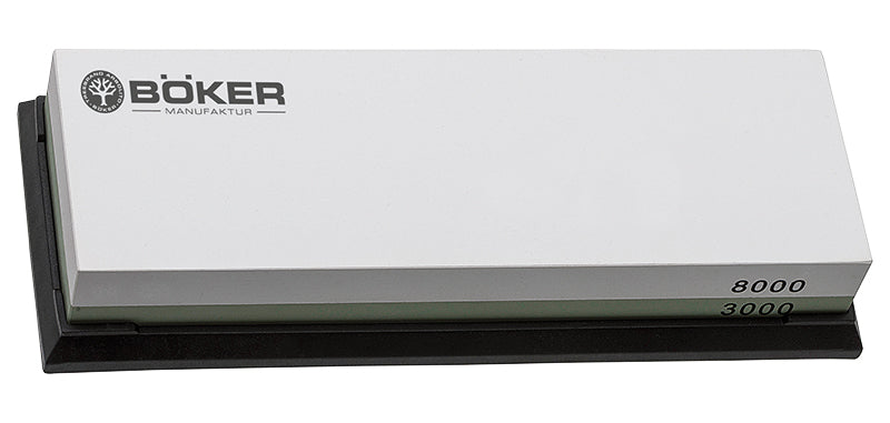 Pierre à eau Boker Plus grain 3000 et 8000 de 18 x 6 x 3 cm sur support caoutchouc