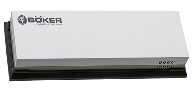 Pierre à eau Boker Plus grain 3000 et 8000 de 18 x 6 x 3 cm sur support caoutchouc