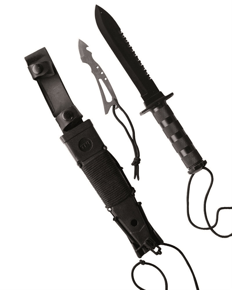 Couteau de survie Mil-Tec lame inox 16 cm avec nécessaire de survie de douze éléments