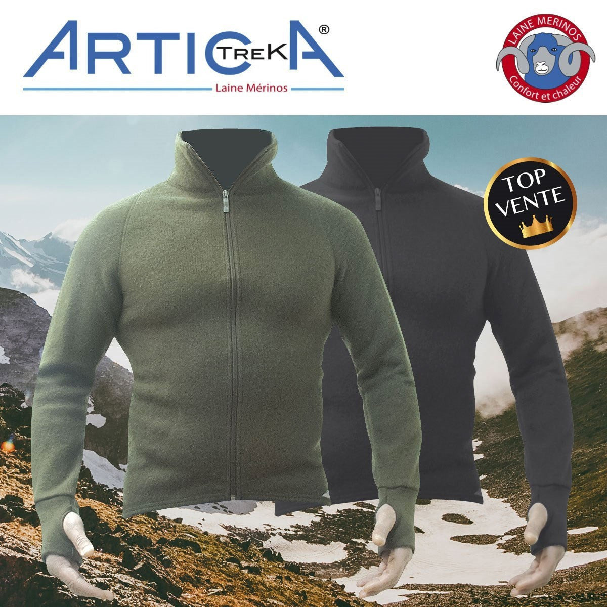 Veste chaude Artica Trek laine mérinos 600 g/m² col montant à glissière dos allongé
