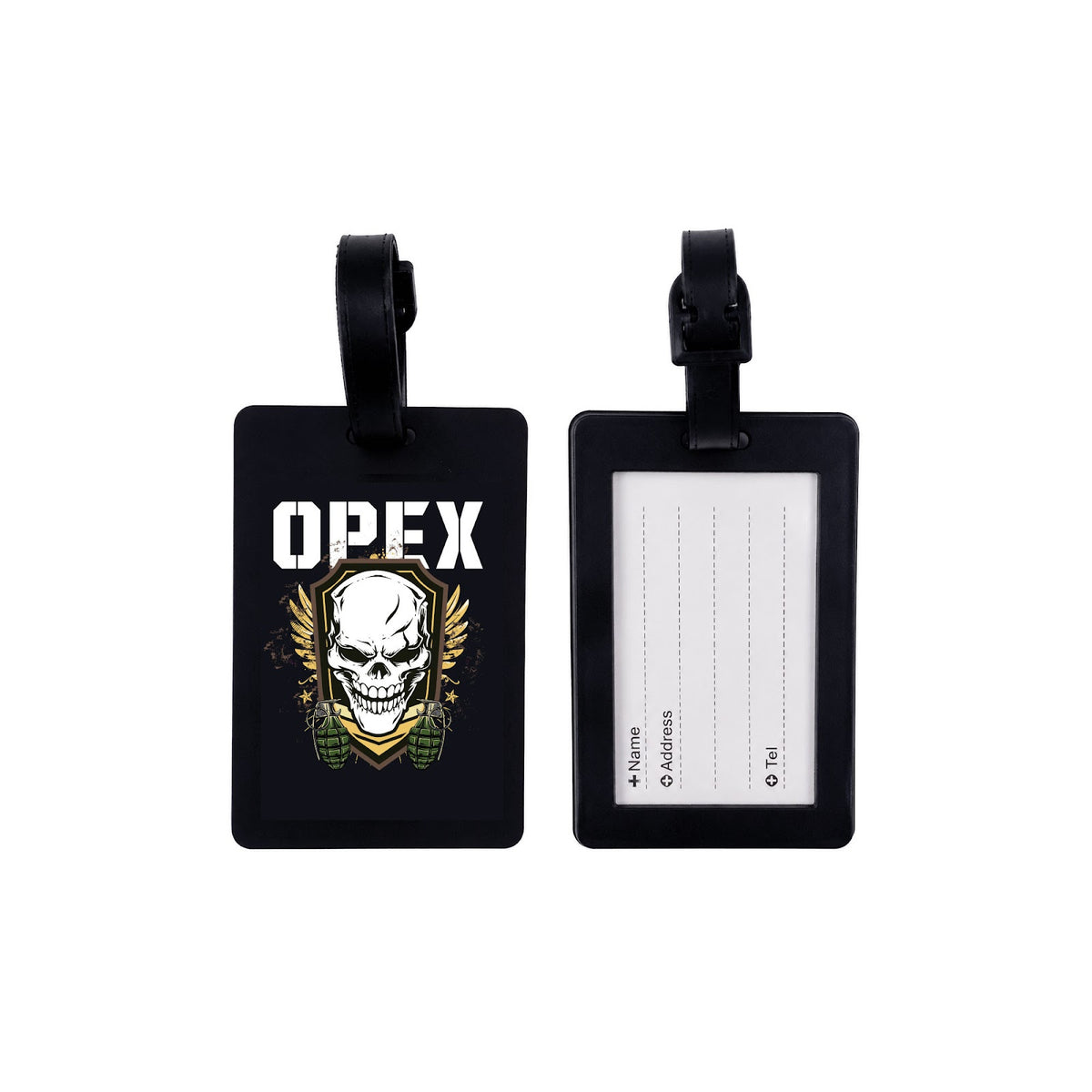 Étiquette de bagage en rubber 10 x 6,5 cm avec fiche d'identification au dos