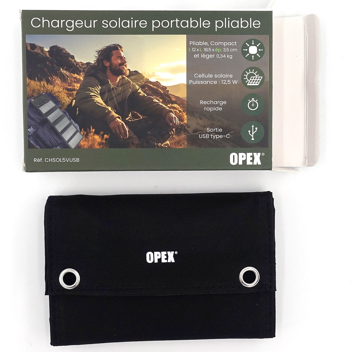 Chargeur solaire pliable 12,5 W sortie USB-C 5 V 2 A en polyester 600D