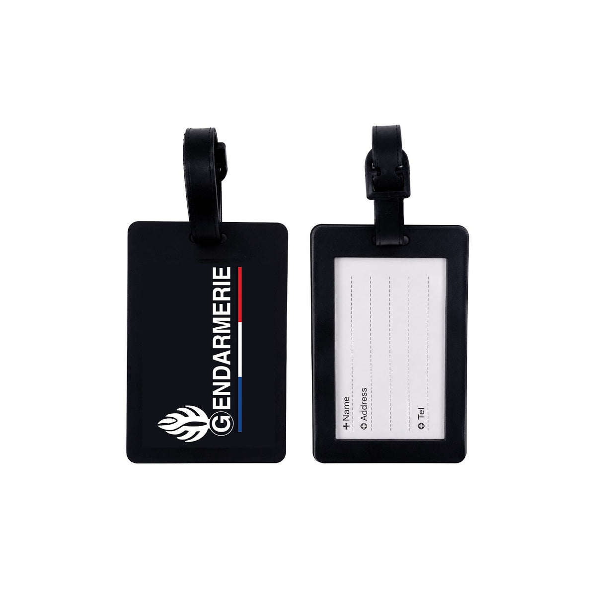 Étiquette de bagage en rubber 10 x 6,5 cm avec fiche d'identification au dos
