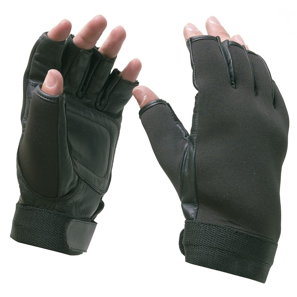Gants tactiques néoprène demi-doigts paume doublée cuir poignets réglables