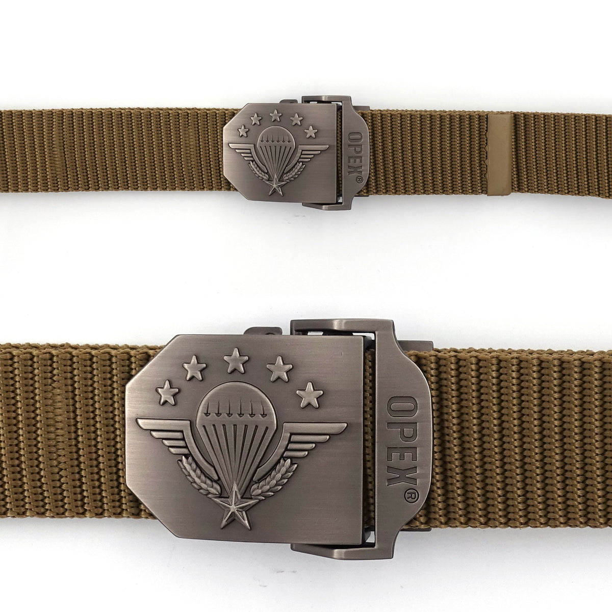 Ceinture OPEX à boucle acier gravée Parachutistes sangle 100 % nylon 3,5 x 130 cm