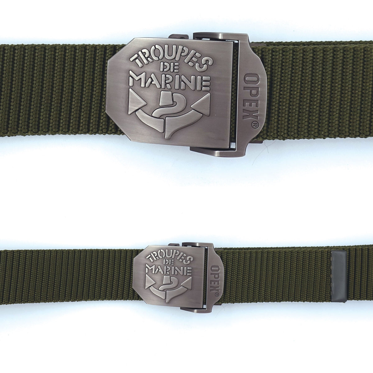 Ceinture OPEX à boucle acier gravée Troupes de Marine sangle nylon 3,5 x 130 cm