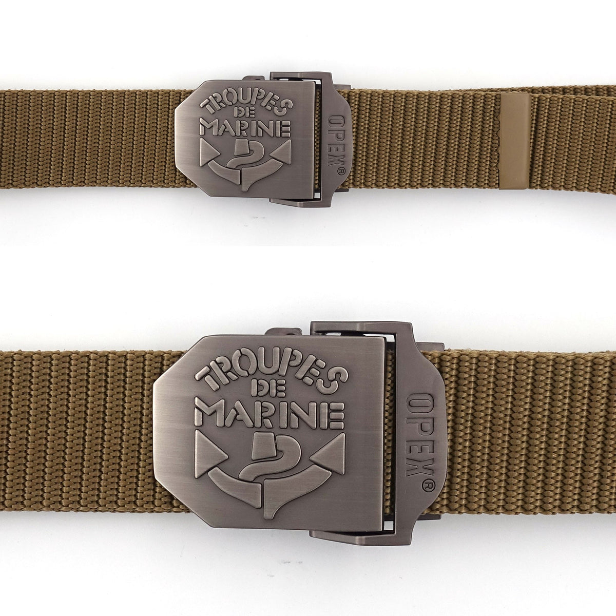 Ceinture OPEX à boucle acier gravée Troupes de Marine sangle nylon 3,5 x 130 cm