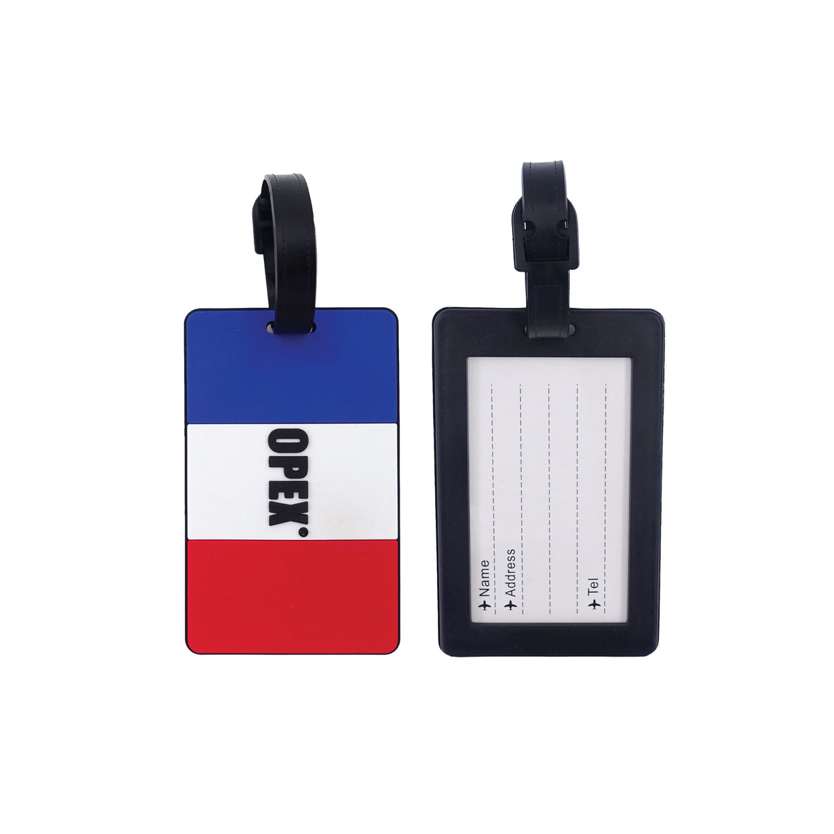 Étiquette de bagage en rubber 10 x 6,5 cm avec fiche d'identification au dos