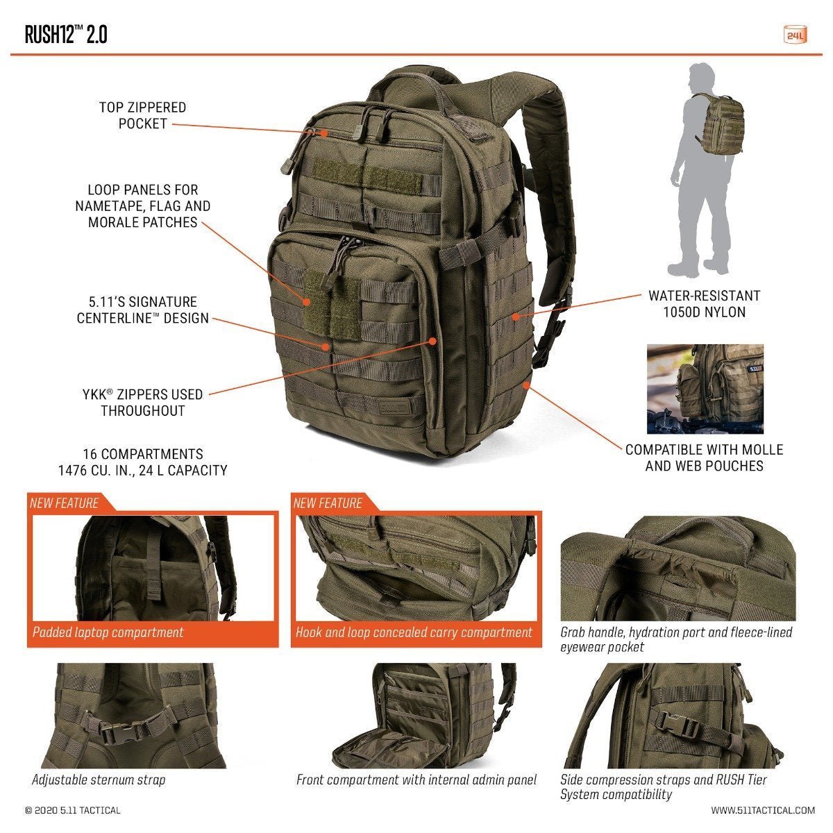 Sac à dos 5.11 Tactical RUSH 12 2.0 24 L en nylon hydrofuge avec compartiment ordinateur