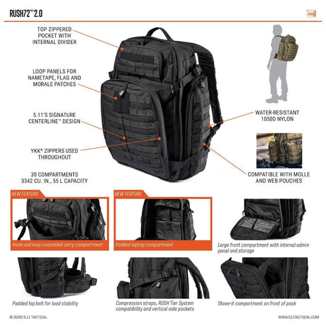 Sac à dos 5.11 Tactical RUSH 72 2.0 55 L en nylon 1050D avec arceau aluminium