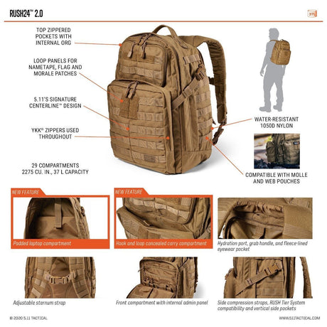 Sac à dos 5.11 Tactical Rush 24 2.0 capacité 37 L compartiment ordinateur 15 pouces compatible MOLLE