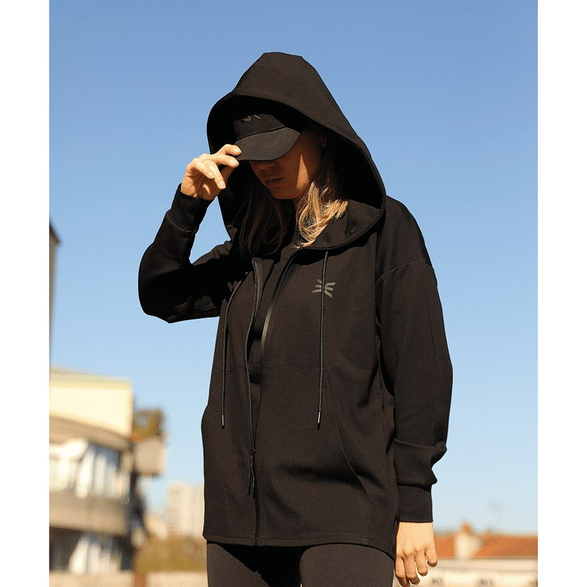 Cardigan à capuche femme GK Undercover Anonymous maille 350 g/m² deux poches