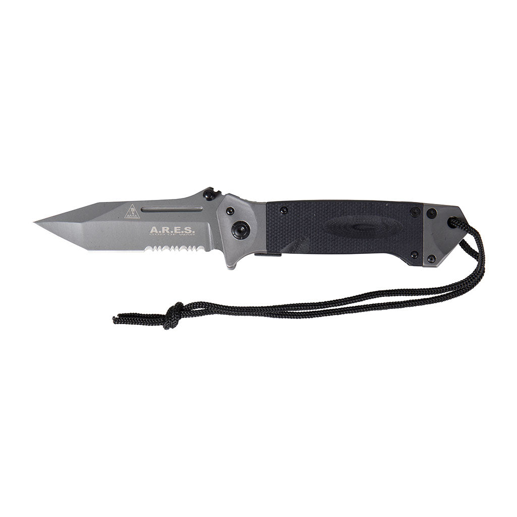 Couteau pliant Ares Baroud lame semi-crantée de 11 cm avec dragonne et étui ceinture