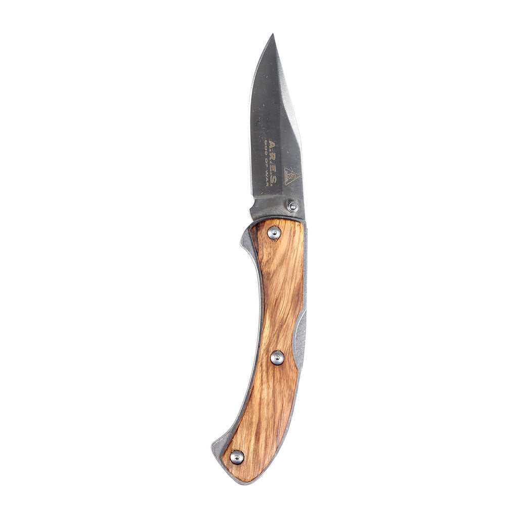 Couteau pliant Ares Wood Iron manche bois longueur dépliée 19,5 cm avec étui cuir