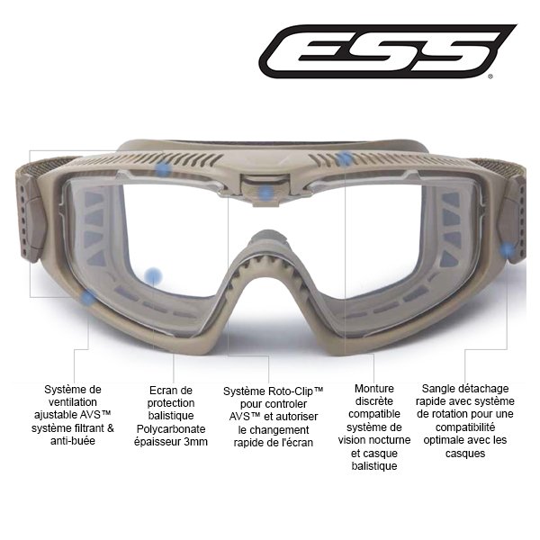 Kit masque balistique ESS Influx AVS, deux écrans polycarbonate 3 mm, EN 166 et ANSI Z87.1