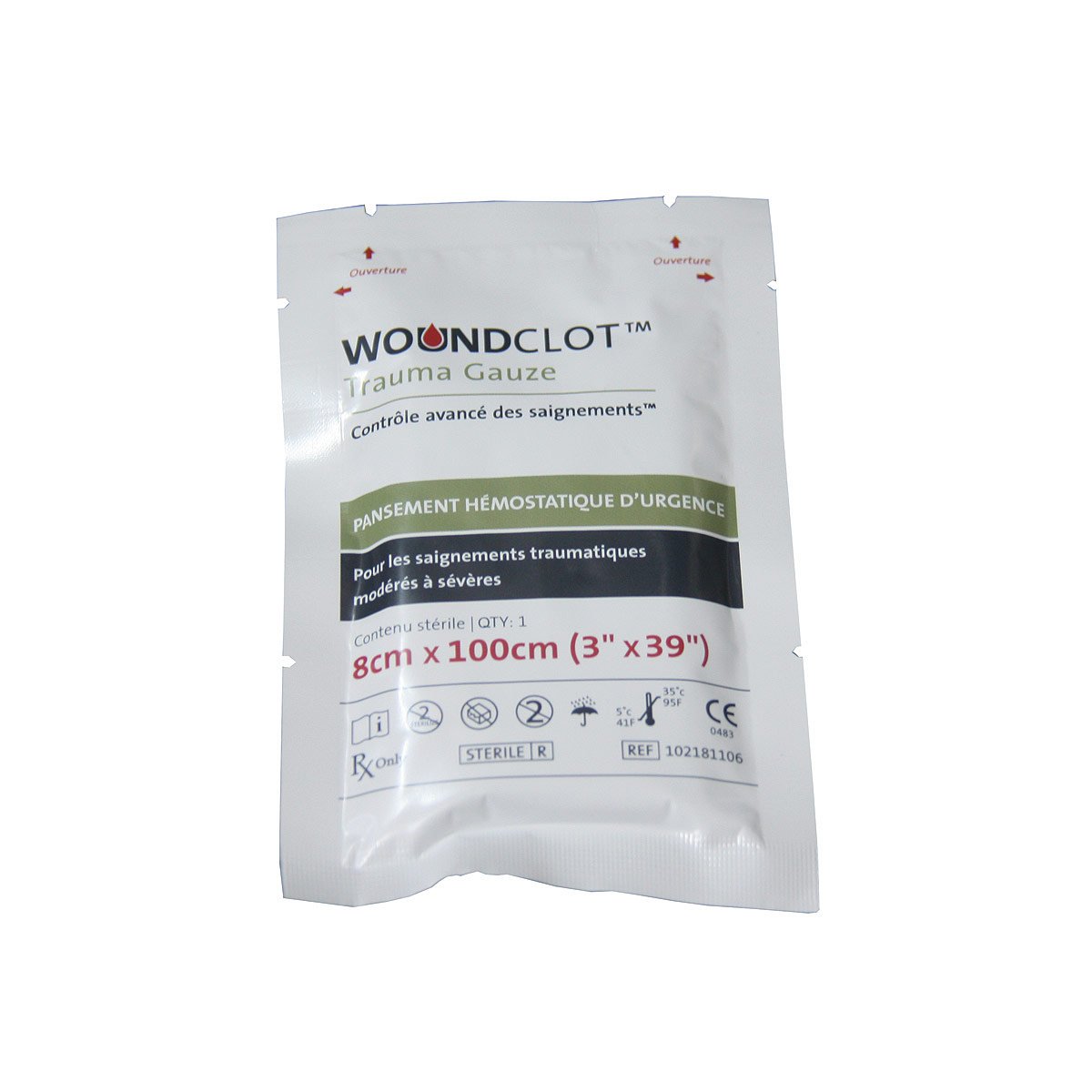 Pansement hémostatique WoundClot Trauma bande 8 x 100 cm pour comblement de plaie